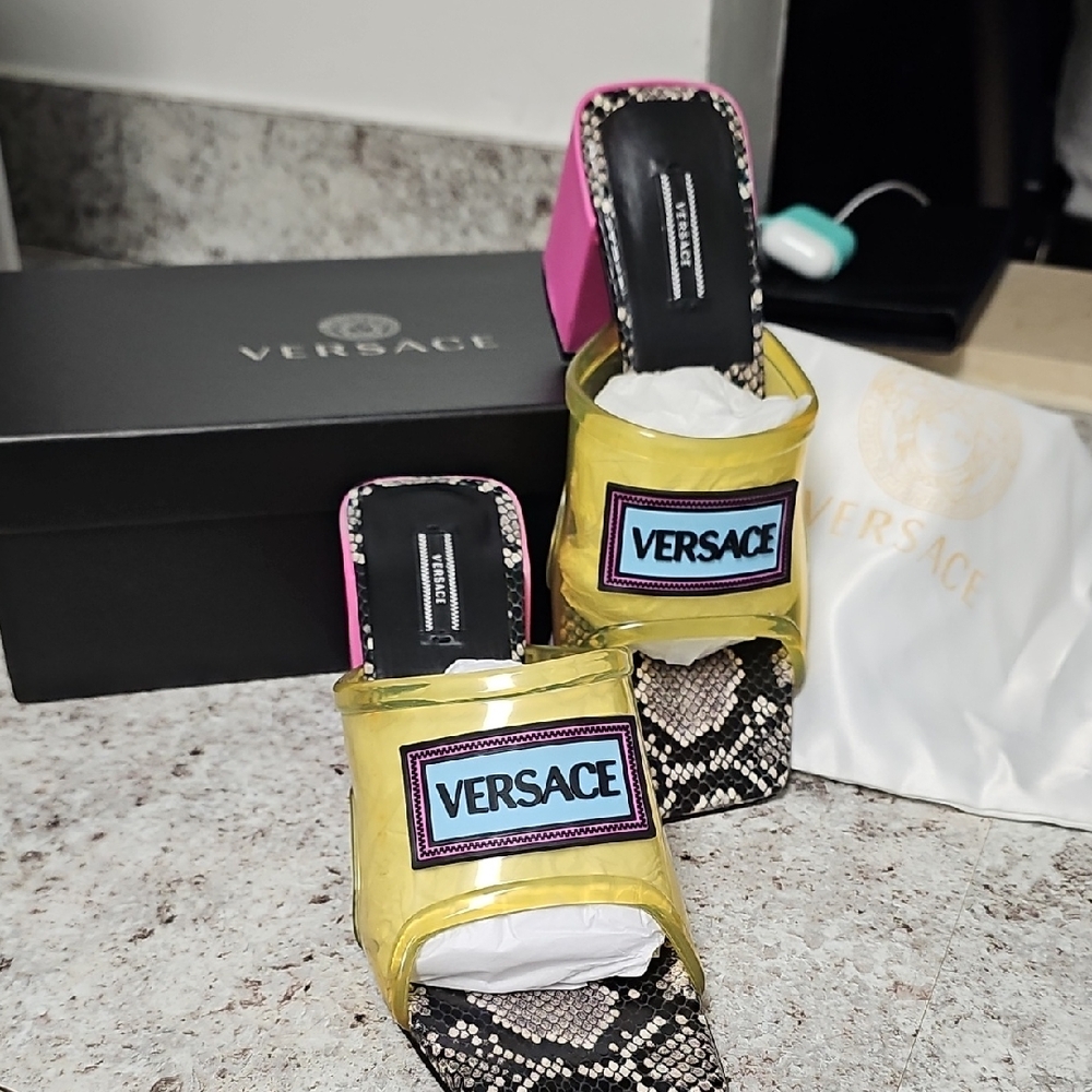 Versace Yellow and Pink Heels with Snakeskin Detail